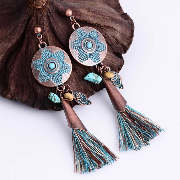 Copper Drop Ethnic Stone Tassel Earrings - Picture 2 of 8
